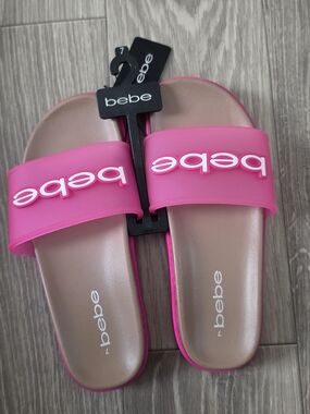 bebe Womens Pink Beige Slide Sandals Logo Strap Slip On Size 7